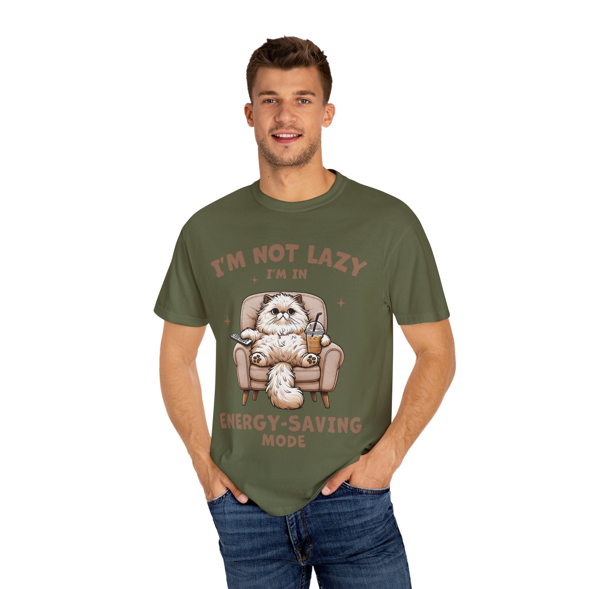 Lazy Cat Energy-Saving Tee, Unisex Garment-Dyed T-shirt, Funny Cat Shirt