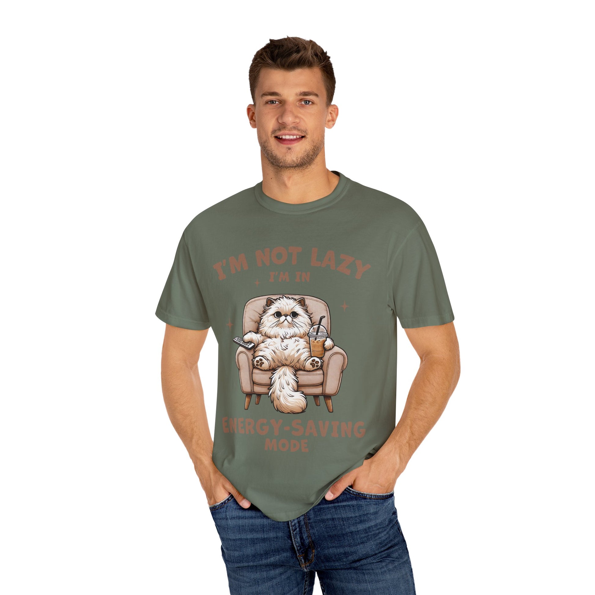 Lazy Cat Energy-Saving Tee, Unisex Garment-Dyed T-shirt, Funny Cat Shirt