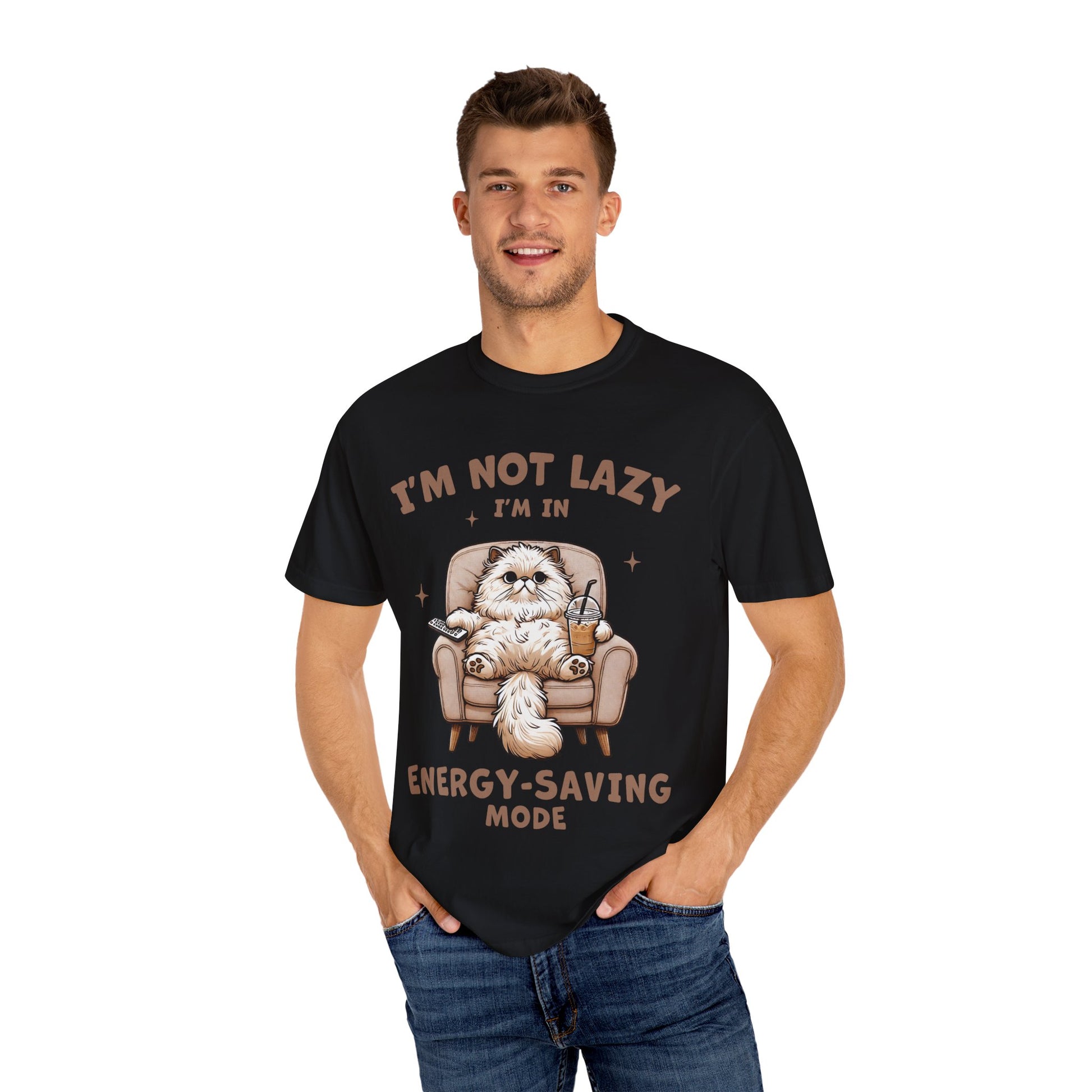 Lazy Cat Energy-Saving Tee, Unisex Garment-Dyed T-shirt, Funny Cat Shirt