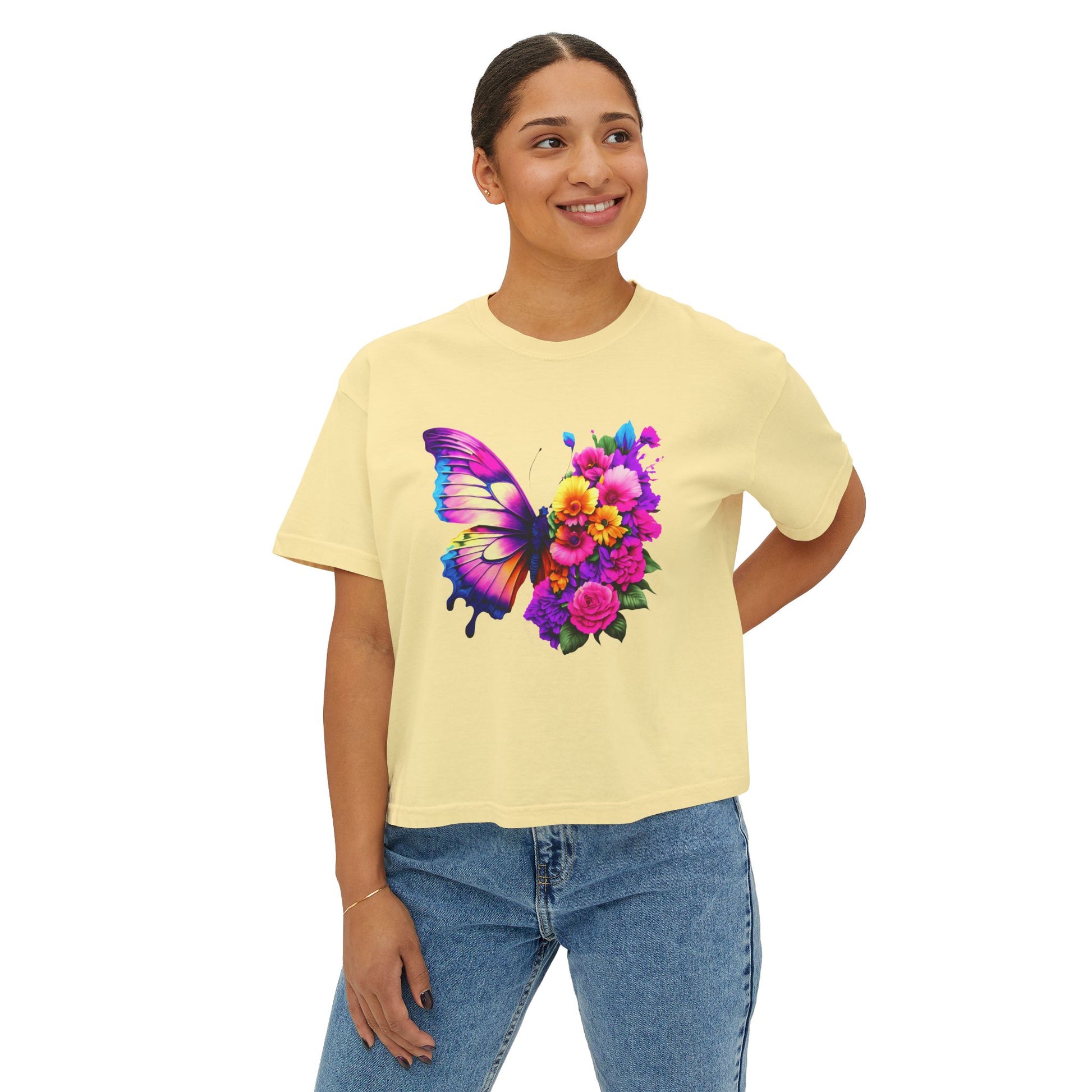 Colorful Butterfly Floral Women's Boxy Tee, Casual Top
