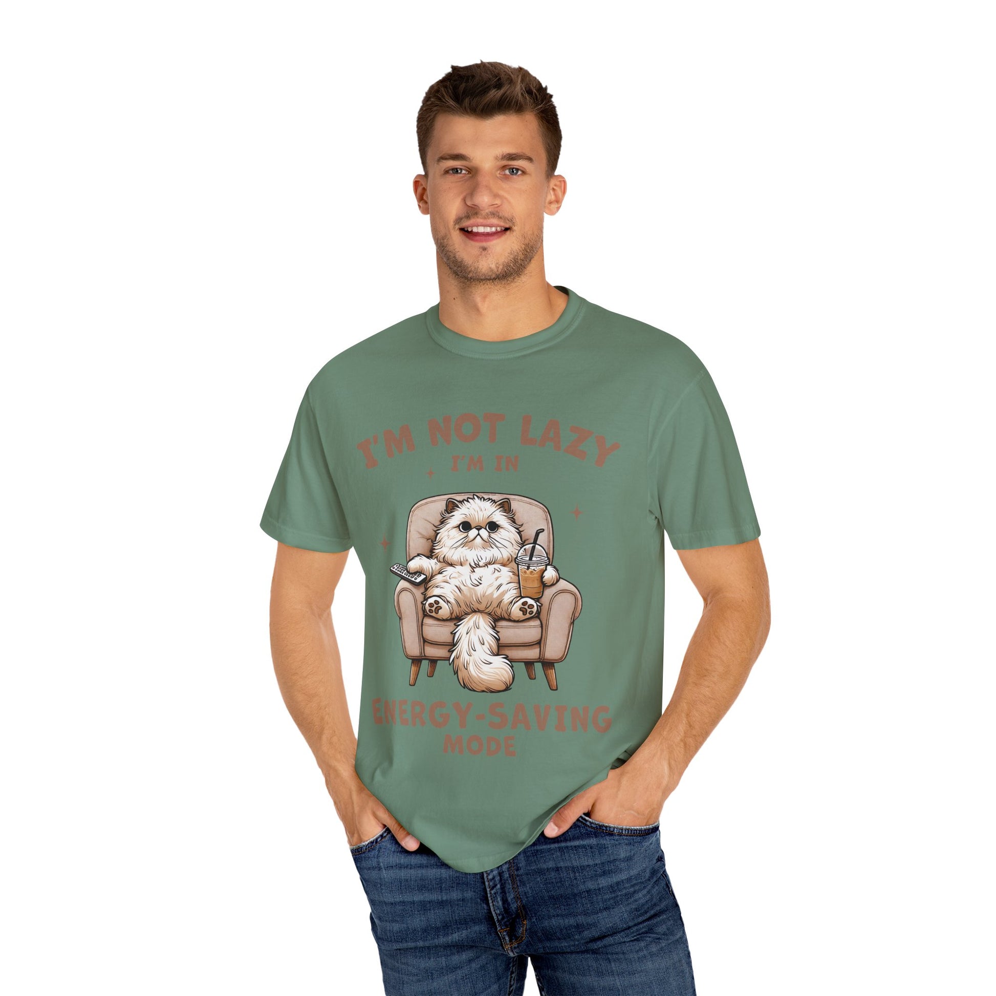 Lazy Cat Energy-Saving Tee, Unisex Garment-Dyed T-shirt, Funny Cat Shirt