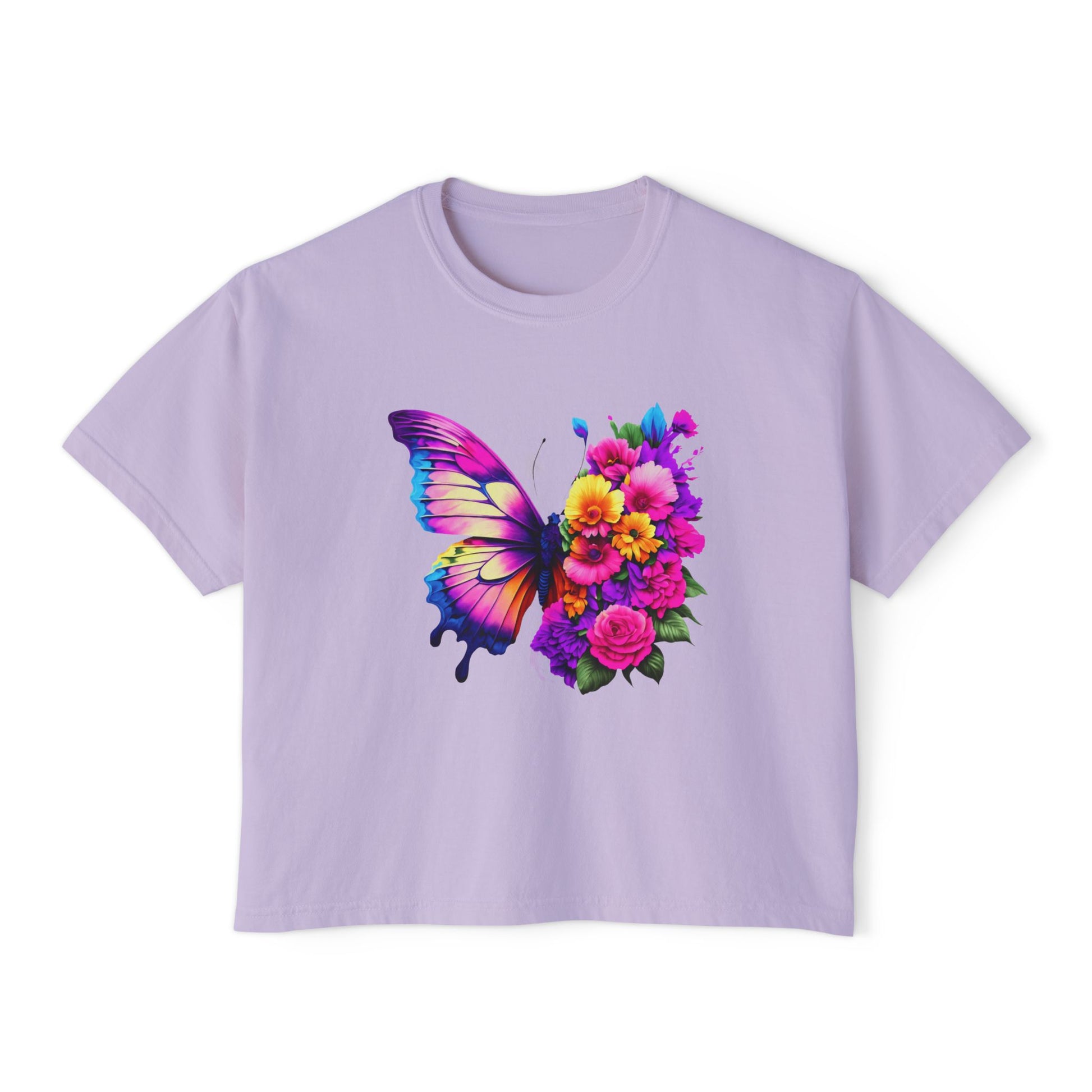 Colorful Butterfly Floral Women's Boxy Tee, Casual Top