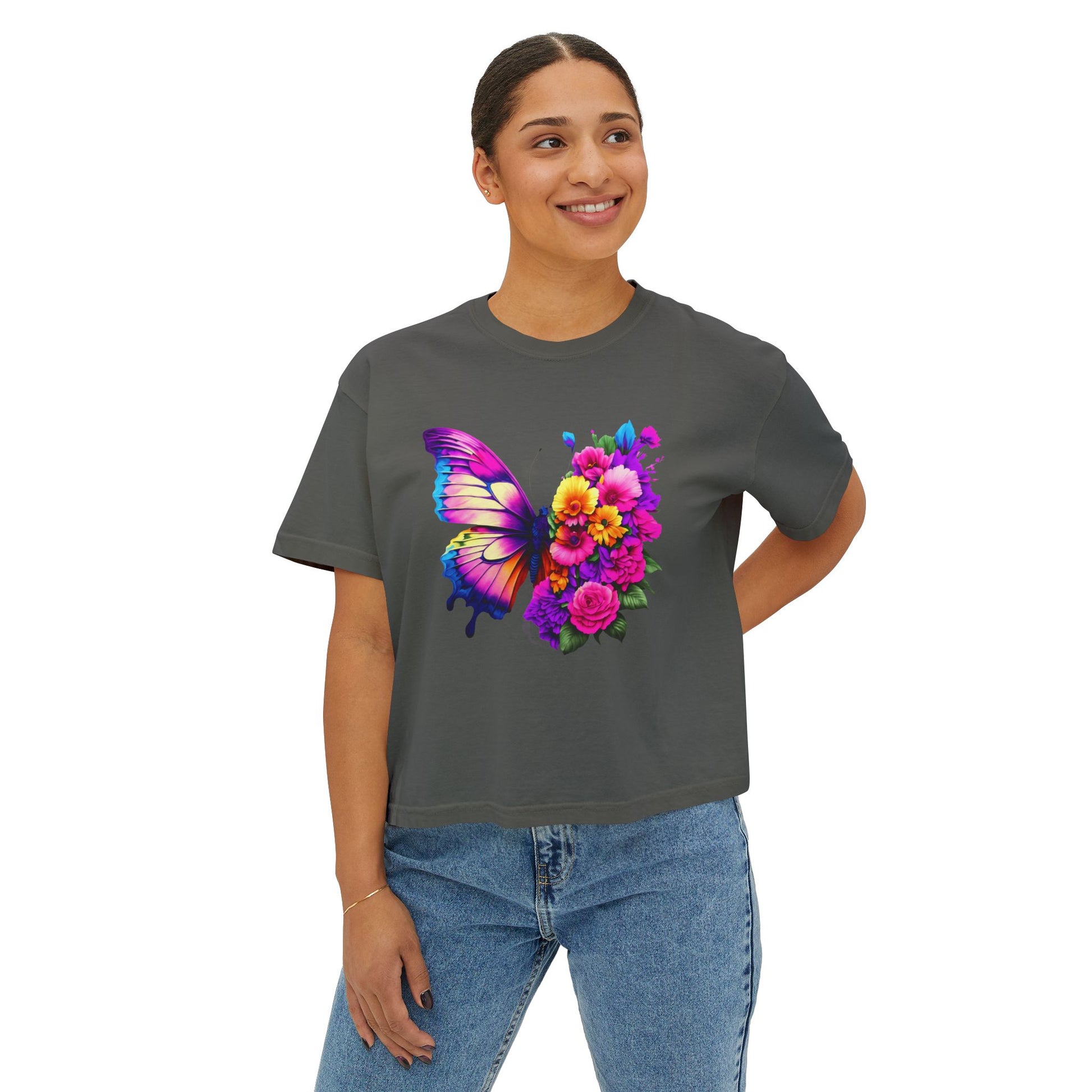 Colorful Butterfly Floral Women's Boxy Tee, Casual Top