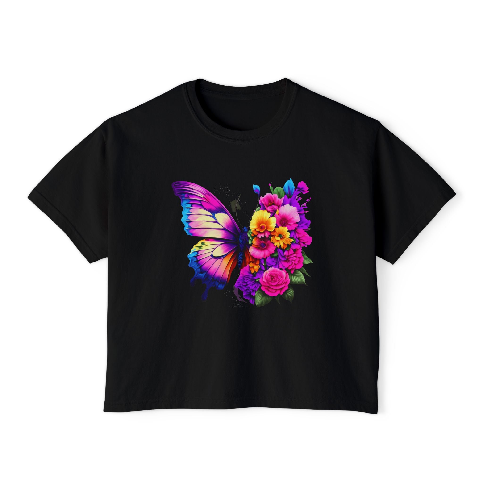 Colorful Butterfly Floral Women's Boxy Tee, Casual Top – Ongora