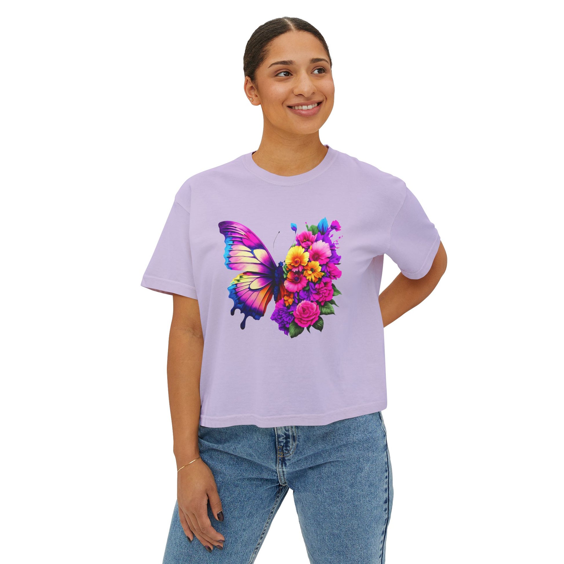 Colorful Butterfly Floral Women's Boxy Tee, Casual Top
