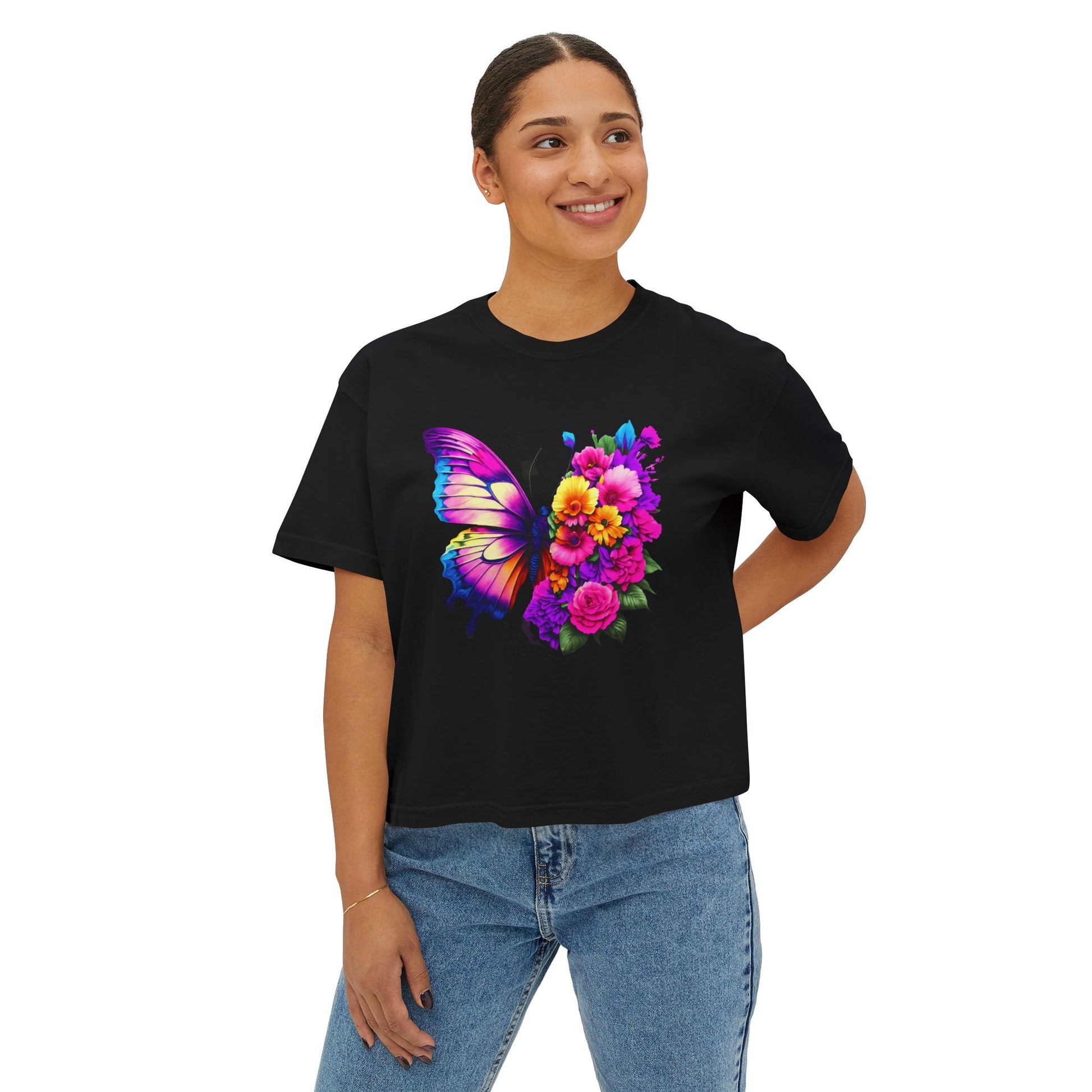 Colorful Butterfly Floral Women's Boxy Tee, Casual Top