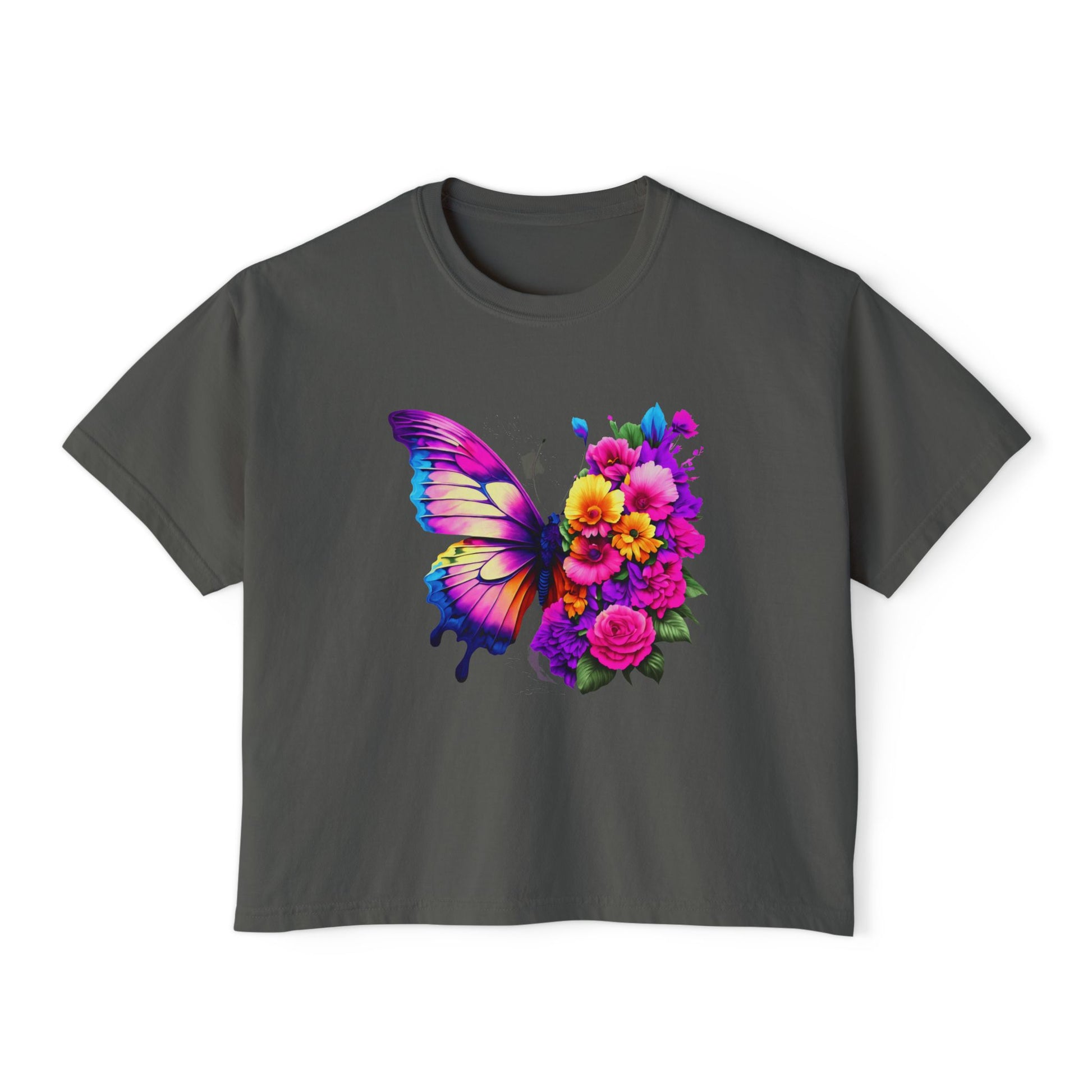 Colorful Butterfly Floral Women's Boxy Tee, Casual Top