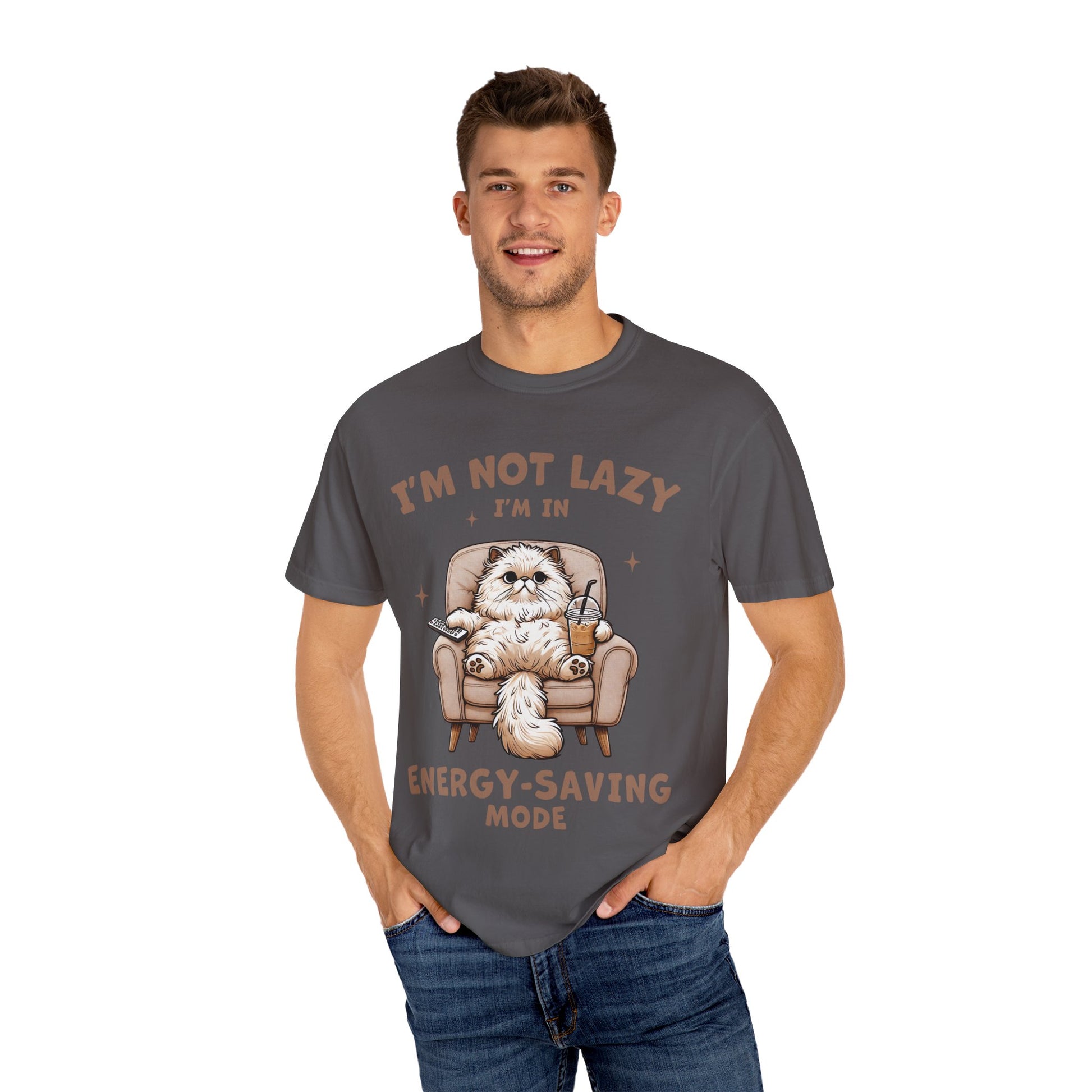 Lazy Cat Energy-Saving Tee, Unisex Garment-Dyed T-shirt, Funny Cat Shirt