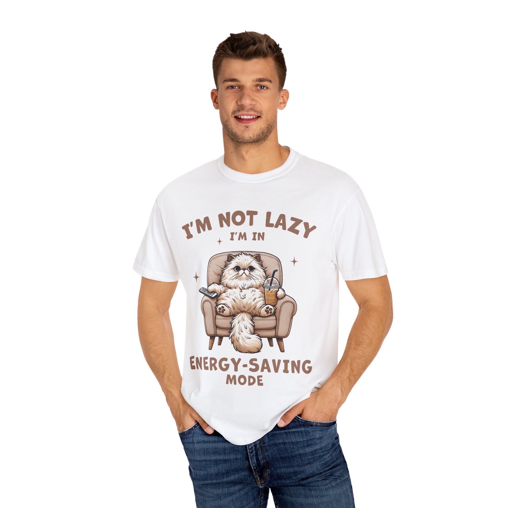 Lazy Cat Energy-Saving Tee, Unisex Garment-Dyed T-shirt, Funny Cat Shirt