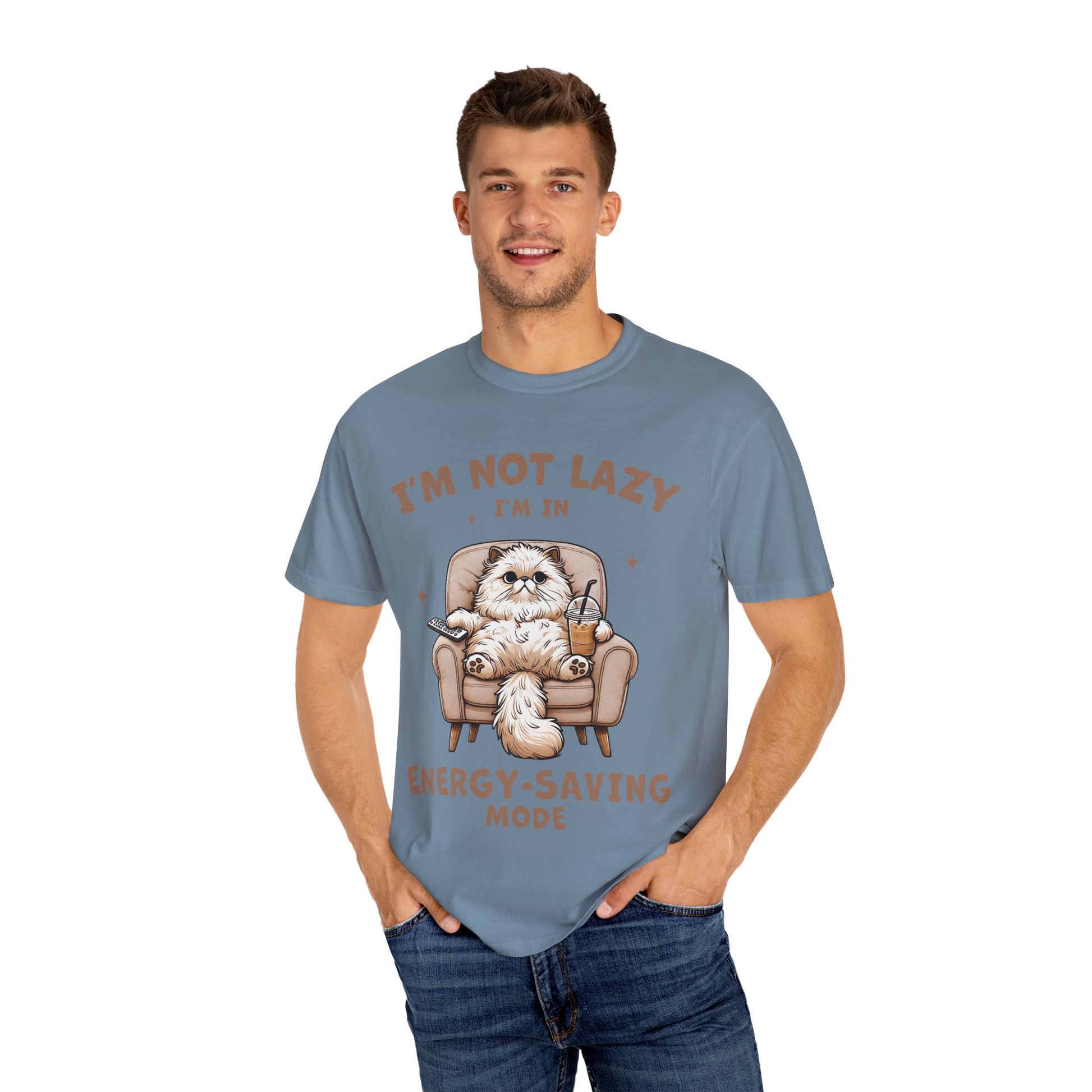 Lazy Cat Energy-Saving Tee, Unisex Garment-Dyed T-shirt, Funny Cat Shirt