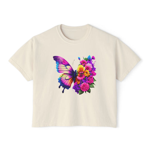 Colorful Butterfly Floral Women's Boxy Tee, Casual Top