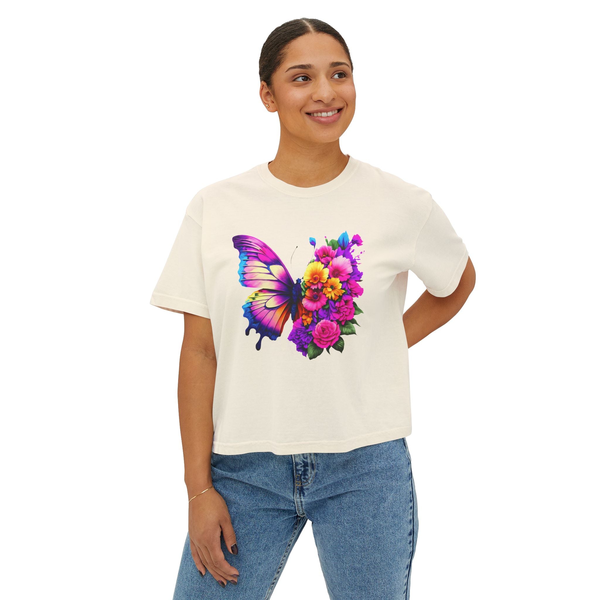 Colorful Butterfly Floral Women's Boxy Tee, Casual Top – Ongora
